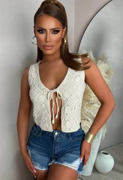 Summer Daze Beige Tie Knot Crochet Top
