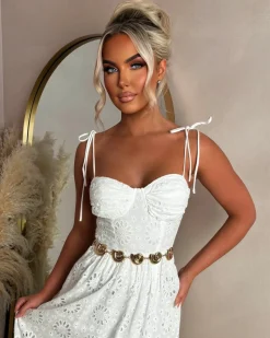 Summer Seduction White Broiderie Tie Strap Maxi Dress