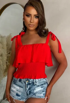 Sunkissed Seduction Red Shirred Tie Shoulder Top