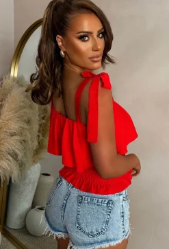 Sunkissed Seduction Red Shirred Tie Shoulder Top