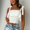 Sunkissed Seduction White Shirred Tie Shoulder Top