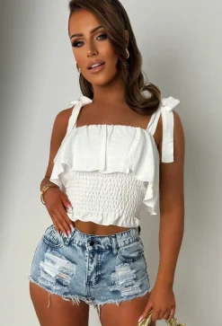 Sunkissed Seduction White Shirred Tie Shoulder Top