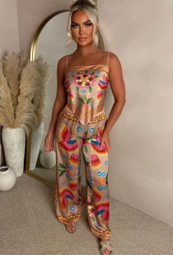 Sunkissed Sizzle Taupe Satin Top And Trouser Co-Ord