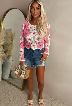 Sunkissed Style Pink Flower Crochet Jumper