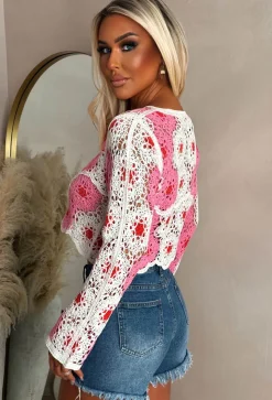 Sunkissed Style Pink Flower Crochet Jumper