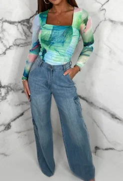 Sunset Memories Green Printed Mesh Ruched Top