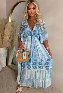 Sunset Seduction Blue Embroidered Tie Dye Maxi Dress