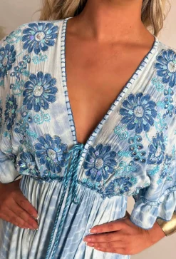 Sunset Seduction Blue Embroidered Tie Dye Maxi Dress