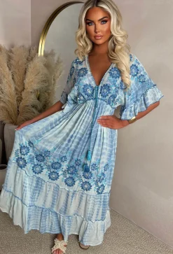 Sunset Seduction Blue Embroidered Tie Dye Maxi Dress