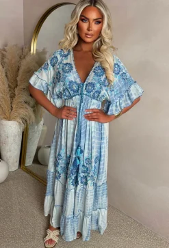 Sunset Seduction Blue Embroidered Tie Dye Maxi Dress