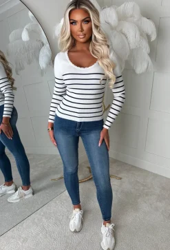 Sweet & Simple Cream Round Neck Striped Knitted Jumper