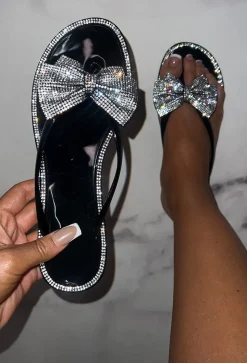 Sweet And Sleek Black Embellished Bow Sandals