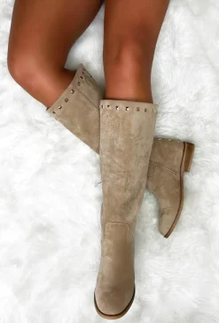 Sweet Glamour Cream Gold Stud Faux Suede Knee High Boots