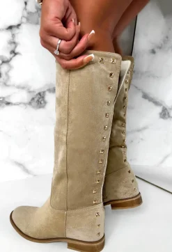Sweet Glamour Cream Gold Stud Faux Suede Knee High Boots