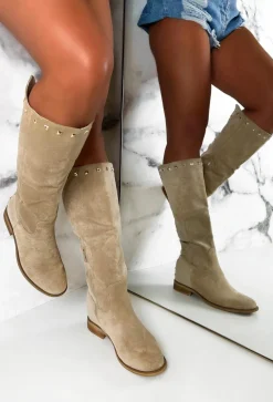 Sweet Glamour Cream Gold Stud Faux Suede Knee High Boots