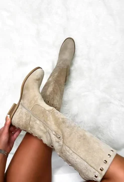 Sweet Glamour Cream Gold Stud Faux Suede Knee High Boots