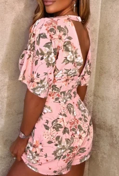 Sweet Nights Pink Floral Print Belted Wrap Playsuit