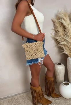 Tahitian Tease Tan Raffia Tassle Detail Bag