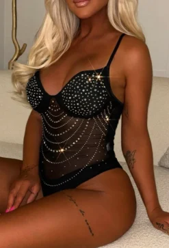 Take A Hint Black Sheer Embellished Bodysuit