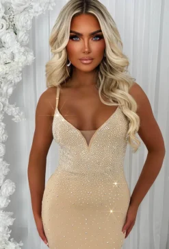 Take Me Away Nude Hotfix Strappy Plunge Dress