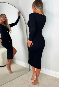 Take My Heart Black Gold Heart Button Long Sleeve Knitted Midi Dress