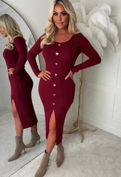 Take My Heart Burgundy Gold Heart Button Long Sleeve Knitted Midi Dress