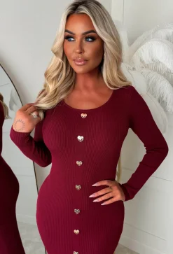 Take My Heart Burgundy Gold Heart Button Long Sleeve Knitted Midi Dress