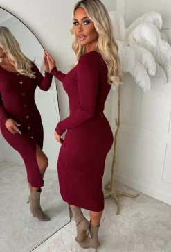 Take My Heart Burgundy Gold Heart Button Long Sleeve Knitted Midi Dress