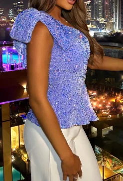 Take The Hint Lilac Bow Sleeve Sequin Top