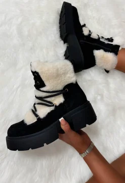 Take Your Chance Black Faux Fur Lace Up Boots