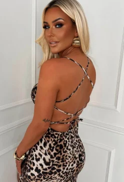 Tally Leopard Printed Cowl Neck Lace Back Side Split Midi Dress