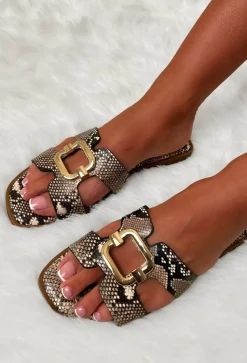 Tame Her Brown Snakeskin Gold Detail Sliders
