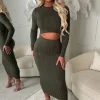 Tell Me Everything Khaki Ultra Soft Cable Jumper And Skirt Co-Ord Set