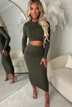 Tell Me Everything Khaki Ultra Soft Cable Jumper And Skirt Co-Ord Set