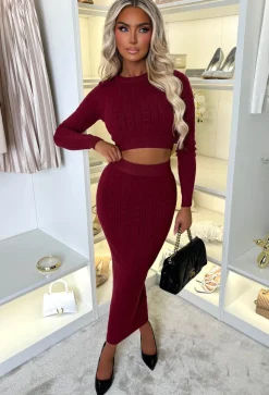 Tell Me Everything Wine Ultra Soft Cable Jumper And Skirt Co-Ord Set
