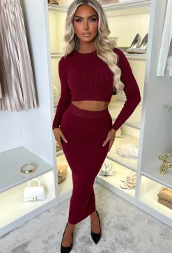 Tell Me Everything Wine Ultra Soft Cable Jumper And Skirt Co-Ord Set