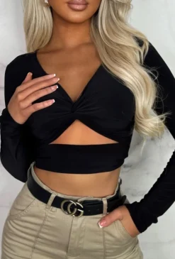 That Feeling Black Stretch Cut Out Long Sleeve Crop Top