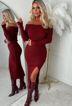 That's Luxe Red Bardot Ultra Soft Midi Knitted Dress