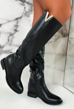 The Main Season Black Gold Detail Flat Knee High Boots