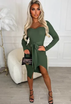 Tied To Love Khaki Tie Waist Long Sleeve Stretch Ribbed Knitted Midi Dress