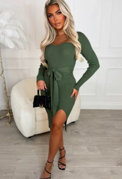 Tied To Love Khaki Tie Waist Long Sleeve Stretch Ribbed Knitted Midi Dress