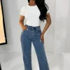 Tied Together Mid Blue Lace Up Stretch Straight Leg Jeans