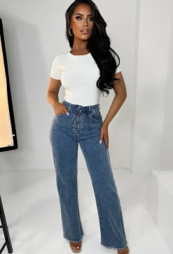 Tied Together Mid Blue Lace Up Stretch Straight Leg Jeans