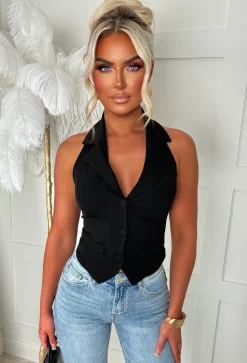 Totally Clueless Black Tailored Halter Neck Top