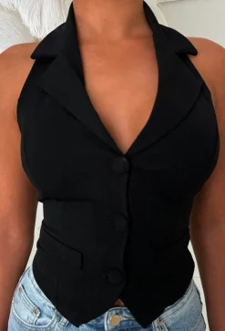 Totally Clueless Black Tailored Halter Neck Top
