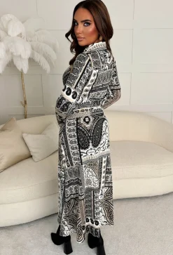 Treat Me Like A Lady Stone Paisley Print Long Sleeve Midi Shirt Dress