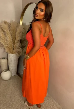 Tropical Dream Coral Crochet Knit Maxi Dress