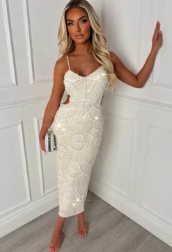 Turning Heads Cream Beaded Cut Out Dress