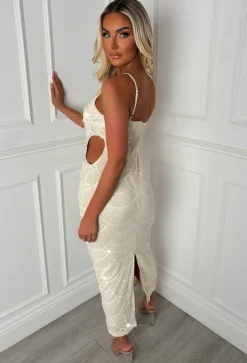 Turning Heads Cream Beaded Cut Out Dress