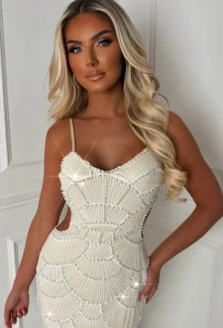 Turning Heads Cream Beaded Cut Out Dress
